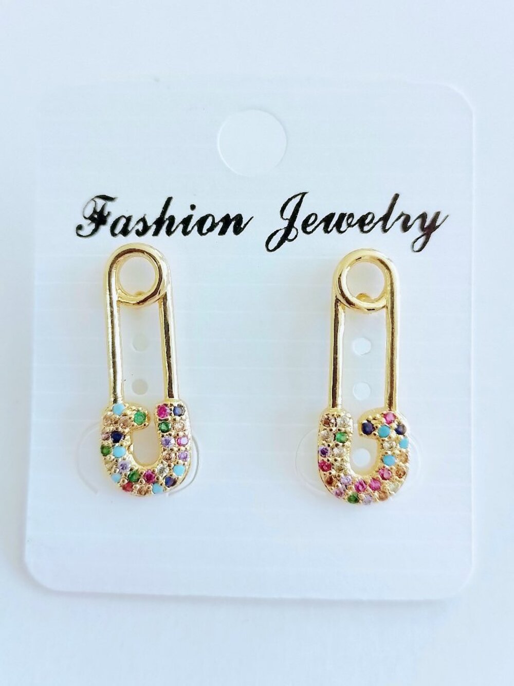 18K Gold Plated Safety Pin Stud Earrings - Multicolor Cubic Zirconia
